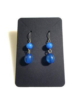 Blue Bead Dangle Earrings Hook Wire Handmade Acrylic Vintage Mom Gift